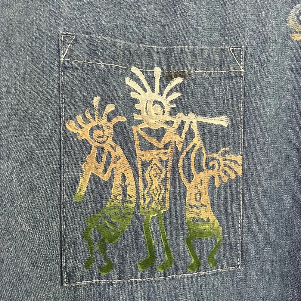 Cactus California Vintage Denim Dress Hand- Painted Kokopelli & Cactus Sz Large - Picture 5 of 16